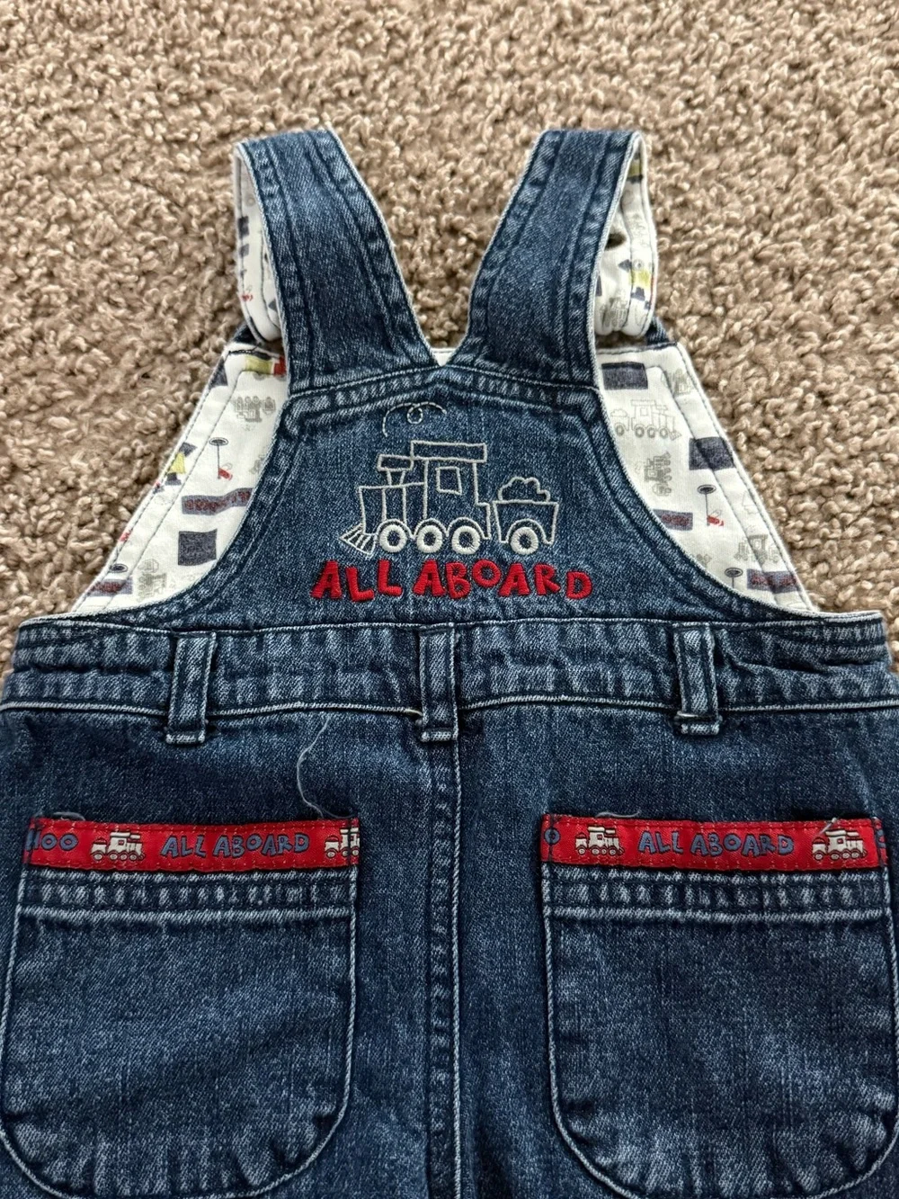 Vintage Y2K Koala Baby 3-6M Denim Train Overalls Embroidered Halloween Costume